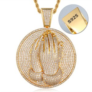 Mens Iced Out Solid 925 Sterling  Silver Hip Hop Prayer Hand Iced Blinged Out Pendant