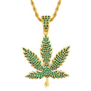 Flooded Ice Green Colorful Stone Iced Blinged Out Weed Leaf Hip Hop Pendant Chain Necklace