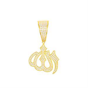 18k Gold Over Solid Sterling Silver VVS Genuine Diamond Allah Hip Hop Pendant Chain