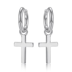 18k Gold Over Genuine Solid 925 Sterling Silver Huggie Hoop Cross Dangling Earrings