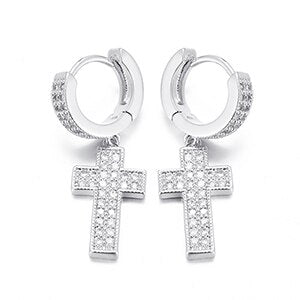 Flooded Ice Double Row Cross Huggie 18k Gold 925 Silver Hip Hop Earrings