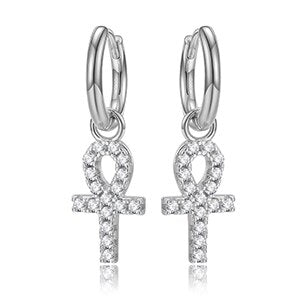 Solid 925 Sterling Silver Hoop Huggie African Ankh Cross Street Wear Bling Earrings