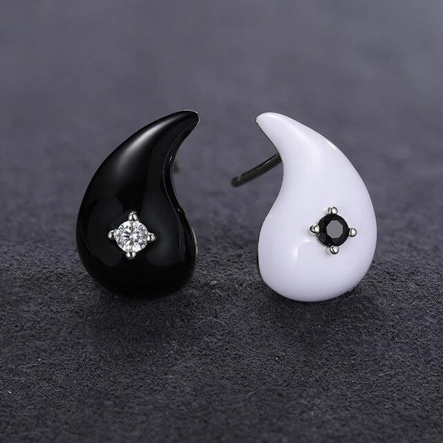 Solid Sterling Silver VVS Diamond Black White Yin Yang Tear Drop Designer Earrings