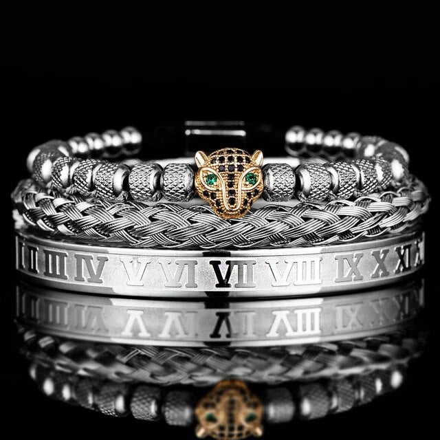 Mens Stainless Steel Micro Pave Roman Numeral 18k Gold Handmade Street Wear Bracelets