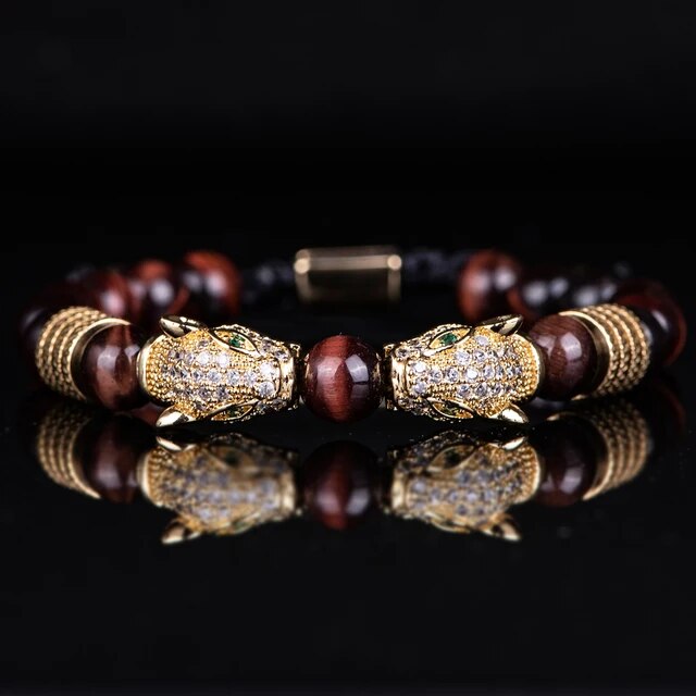 Men's No Fade Stainless Steel Double Leopard Head Tiger's Eye Street Wear Bracelets