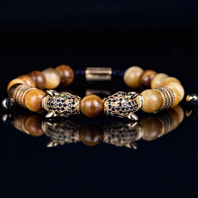 Men's No Fade Stainless Steel Double Leopard Head Tiger's Eye Street Wear Bracelets