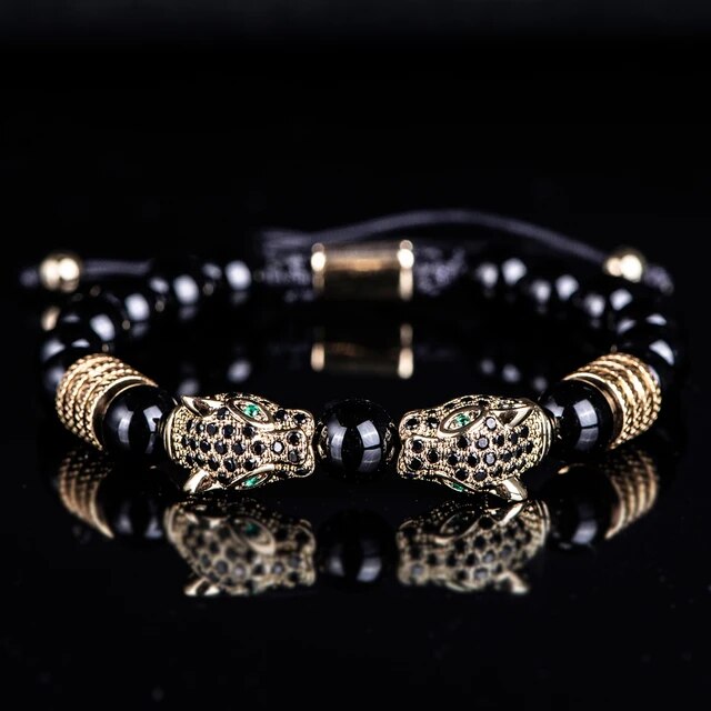 Men's No Fade Stainless Steel Double Leopard Head Tiger's Eye Street Wear Bracelets