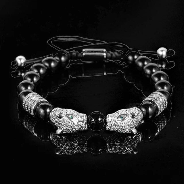 Men's No Fade Stainless Steel Double Leopard Head Tiger's Eye Street Wear Bracelets