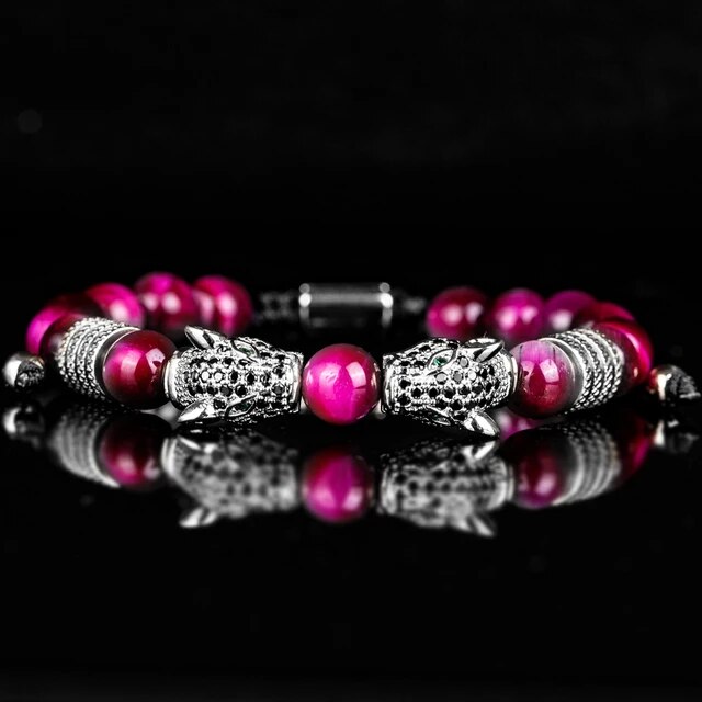 Men's No Fade Stainless Steel Double Leopard Head Tiger's Eye Street Wear Bracelets