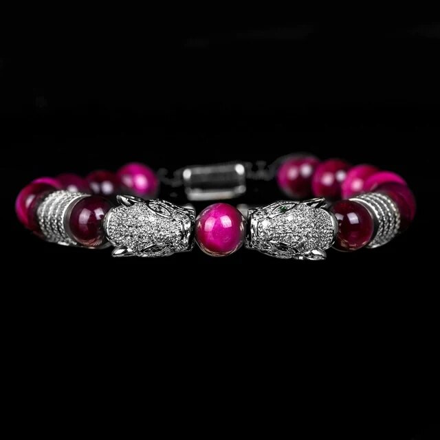 Men's No Fade Stainless Steel Double Leopard Head Tiger's Eye Street Wear Bracelets