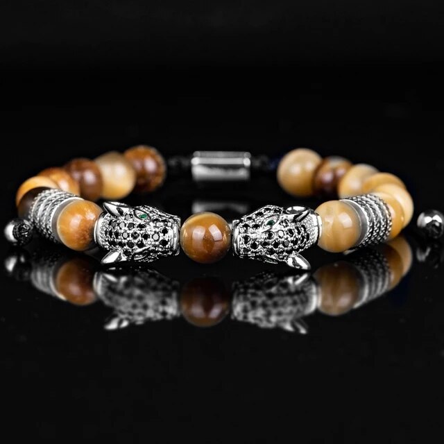Men's No Fade Stainless Steel Double Leopard Head Tiger's Eye Street Wear Bracelets