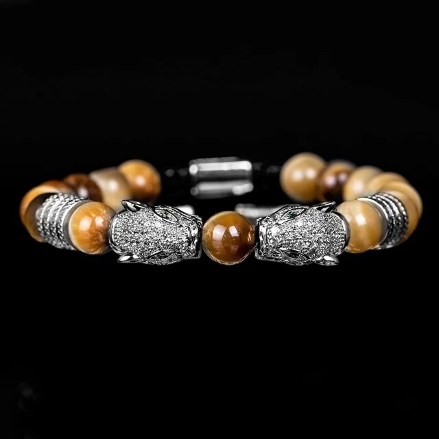 Men's No Fade Stainless Steel Double Leopard Head Tiger's Eye Street Wear Bracelets