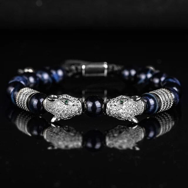 Men's No Fade Stainless Steel Double Leopard Head Tiger's Eye Street Wear Bracelets