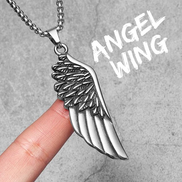 Mens Solid Stainless Steel Large Angel Wing No Fade Hip Hop Street Wear Pendant Necklace