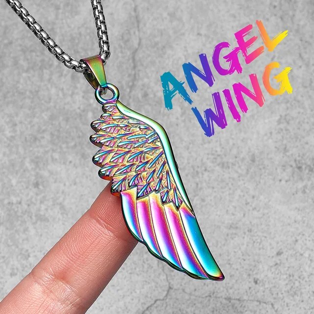 Mens Solid Stainless Steel Large Angel Wing No Fade Hip Hop Street Wear Pendant Necklace
