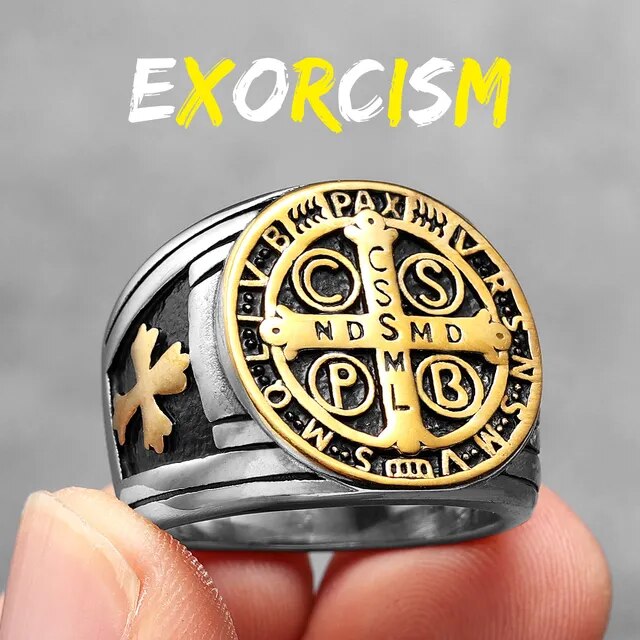 Mens 14k Gold Over No Fade Stainless Steel Saint Benedict Exorcism Street Wear Rings