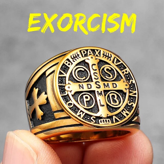 Mens 14k Gold Over No Fade Stainless Steel Saint Benedict Exorcism Street Wear Rings
