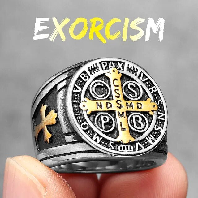 Mens 14k Gold Over No Fade Stainless Steel Saint Benedict Exorcism Street Wear Rings