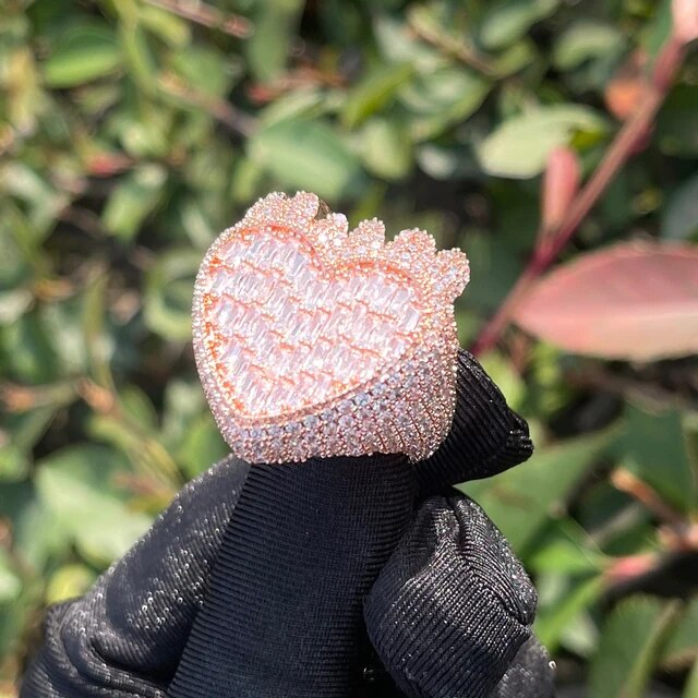 24k Rose Gold 925 Silver Waves Of Love Crashing Heart Baguette Iced Rings