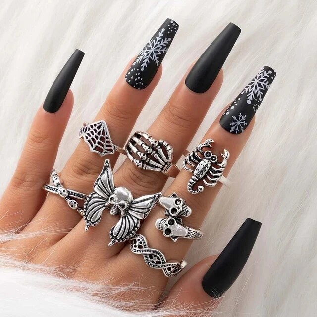 Ladies 7pcs Vintage Look Silver Web Scorpion Skull Butterfly Ring Set