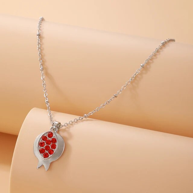 Ladies Simple Classic Style Pomegranate Red CZ Pendant Chain Neklace
