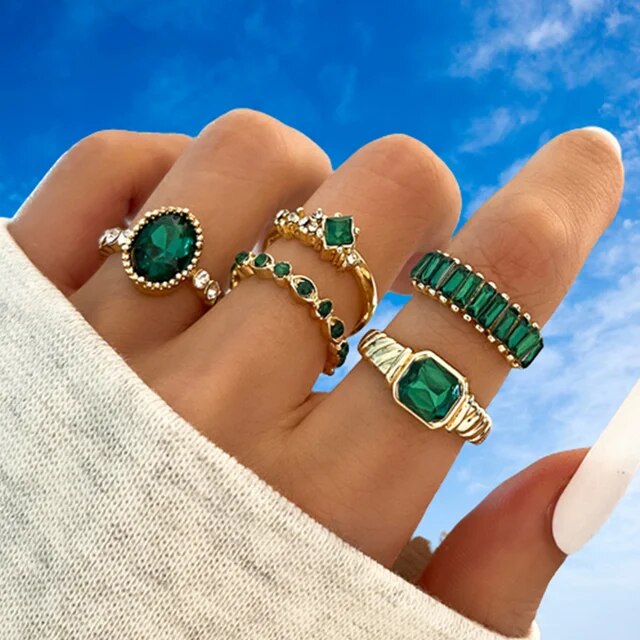Ladies Purple  Butterfly 7pcs Green Emerald 6pcs Piece Gold Bohemian Ring Set