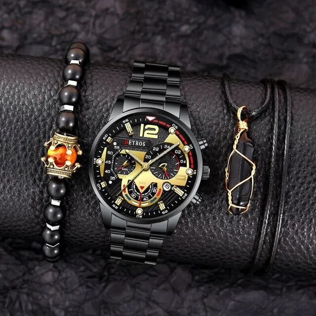 3 Piece Big Business Swag Fashion Stainless Steel Onyx Stone Kings Crown Tiger Eye Bracelet Set
