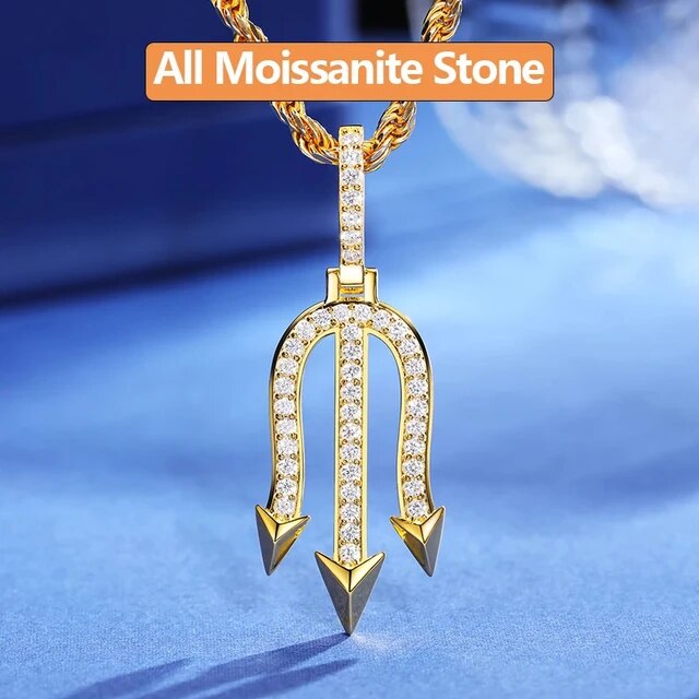 Mens Solid 925 Sterling Silver Nordic Poseidon Trident Iced VVS Diamond Pendant
