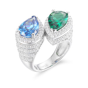 Double Tear Drop Moissanite Diamond Blue Green Stone 925 Solid Silver Iced Bling Rings