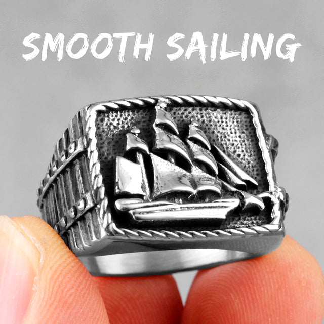 Mens 316L Stainless Steel Smooth Sailing Good Luck Ship Motif Rings