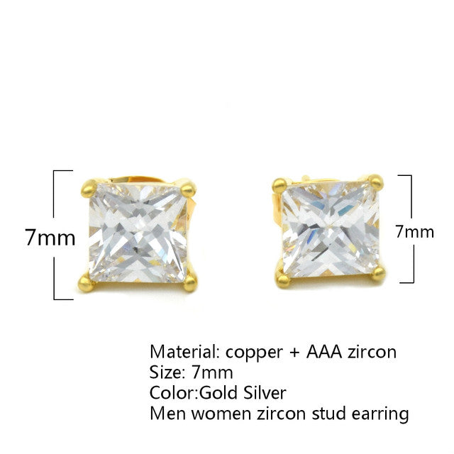 7mm AAA Square Princess Cut Bling CZ 24k 925 Silver Copper Base Hip Hop Earrings