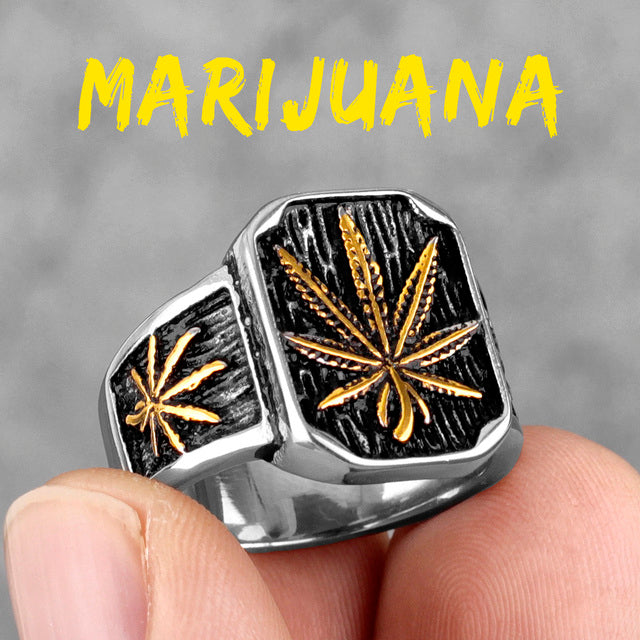 Mens 316L No Fade Stainless Steel Street Style Hemp Leaves Hip Hop Unique Rings