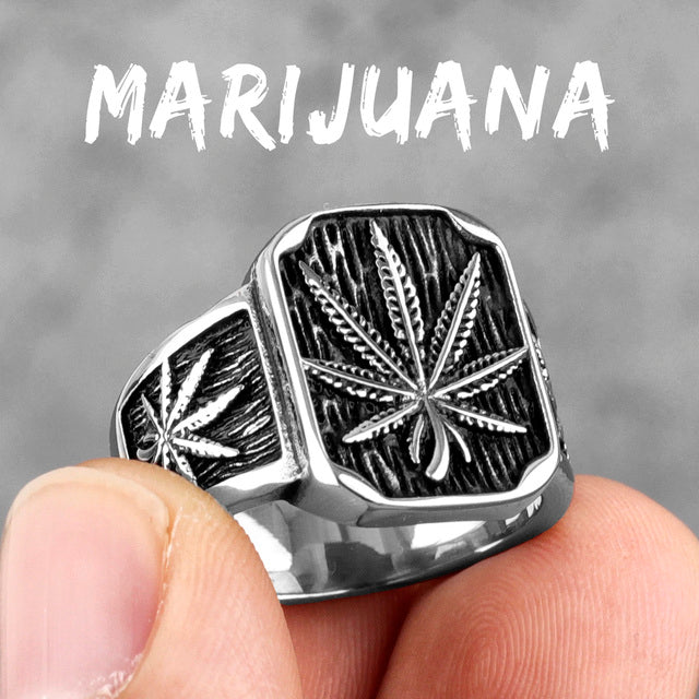 Mens 316L No Fade Stainless Steel Street Style Hemp Leaves Hip Hop Unique Rings