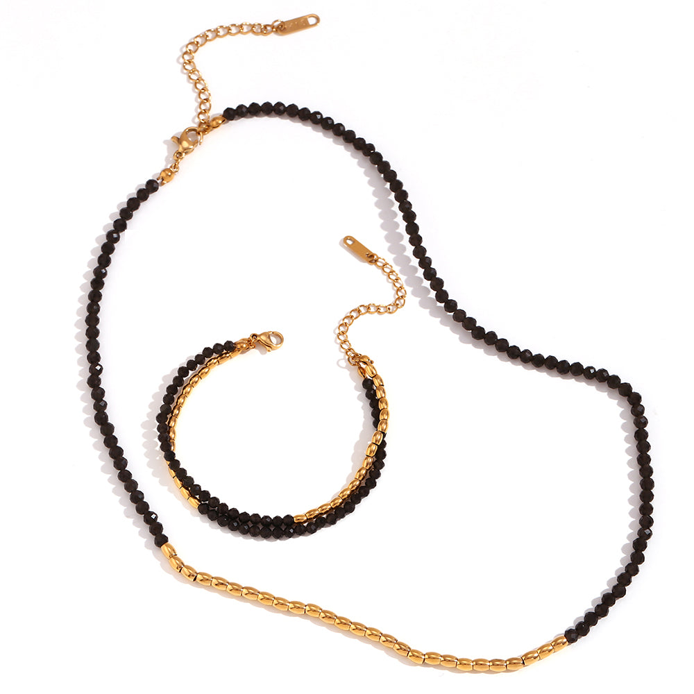 Layered Obsidian | 18k Gold No Fade Stainless Steel Beads Double Layers Wrap Necklace Bracelet Set