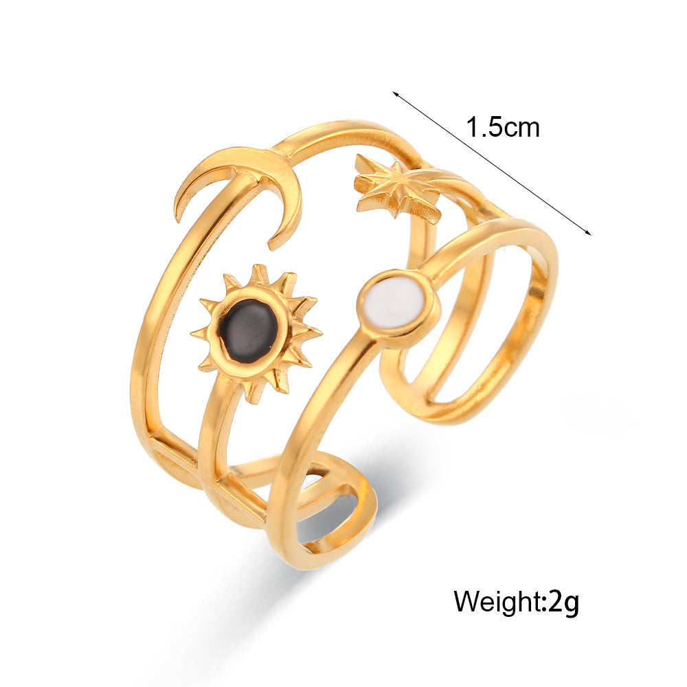 Enamel Black | 18k Gold over No Fade Stainless Steel Hollow Adjustable Rings