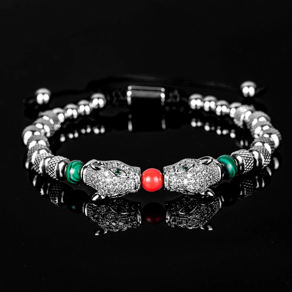 Leopard Spirit | Simulate Diamond Stainless Steel Double Leopard Head Bracelet