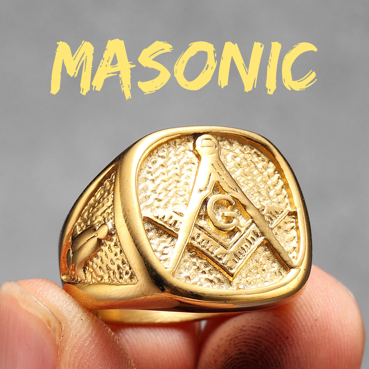 Masonic Luxury | Men's 14k Gold 316L No Fade Stainless Steel Free Mason Compass Square Rings