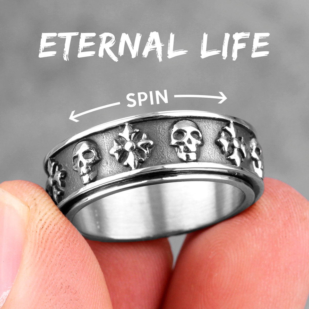 Eternal Life | 316L No Fade Stainless Steel Cross Skull Retro Rotatable Streetwear Rings