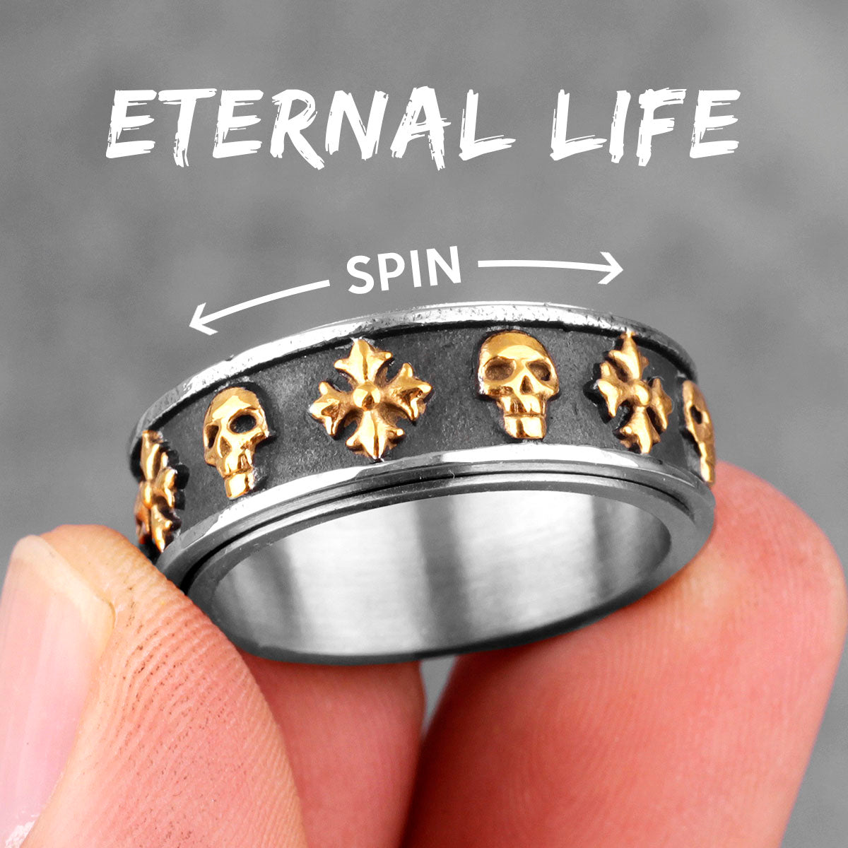 Eternal Life | 316L No Fade Stainless Steel Cross Skull Retro Rotatable Streetwear Rings