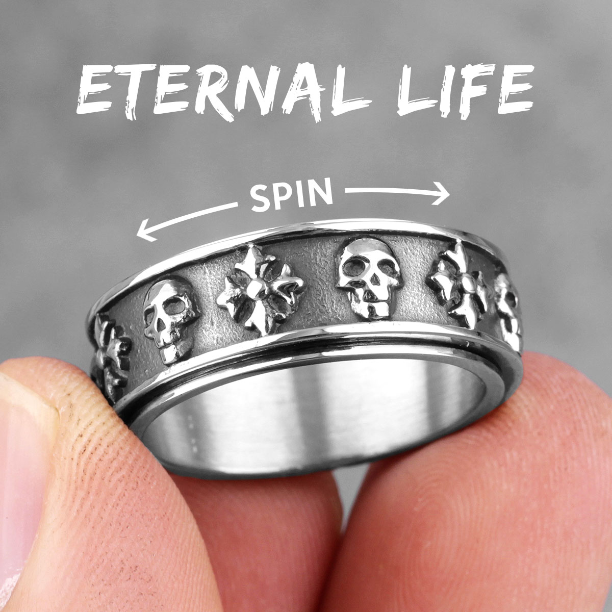 Eternal Life | 316L No Fade Stainless Steel Cross Skull Retro Rotatable Streetwear Rings