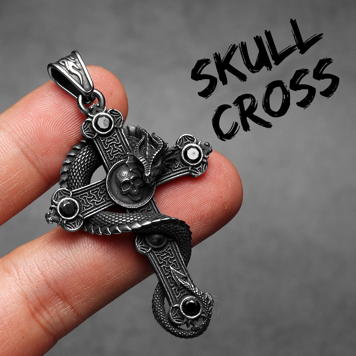 Skull Serpent Cross | 316L Shadow Skull No Fade Stainless Steel  Gemstone Cross Pendant