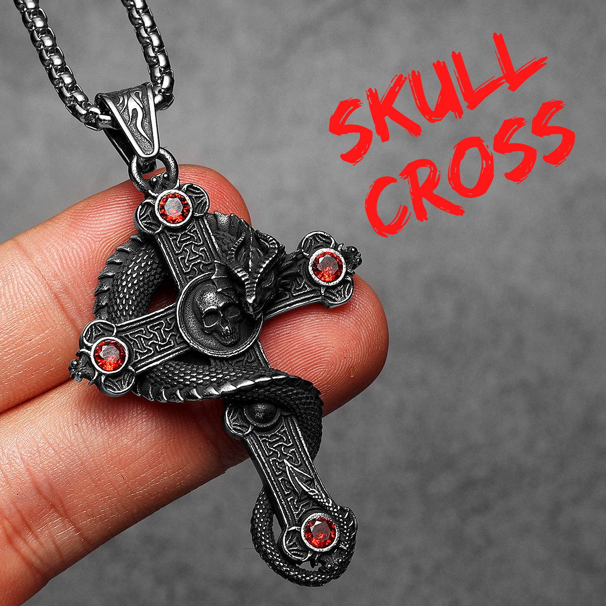 Skull Serpent Cross | 316L Shadow Skull No Fade Stainless Steel  Gemstone Cross Pendant