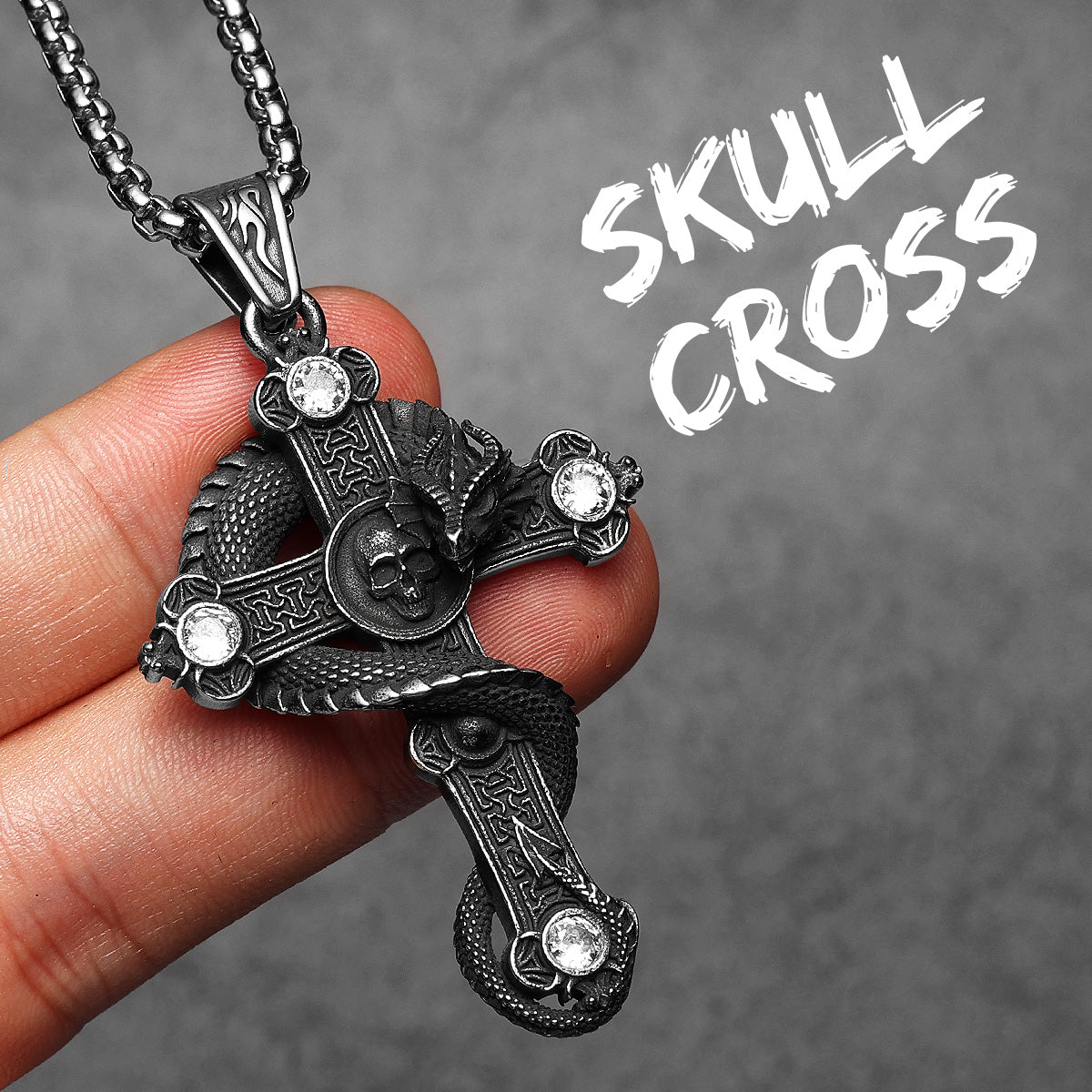 Skull Serpent Cross | 316L Shadow Skull No Fade Stainless Steel  Gemstone Cross Pendant