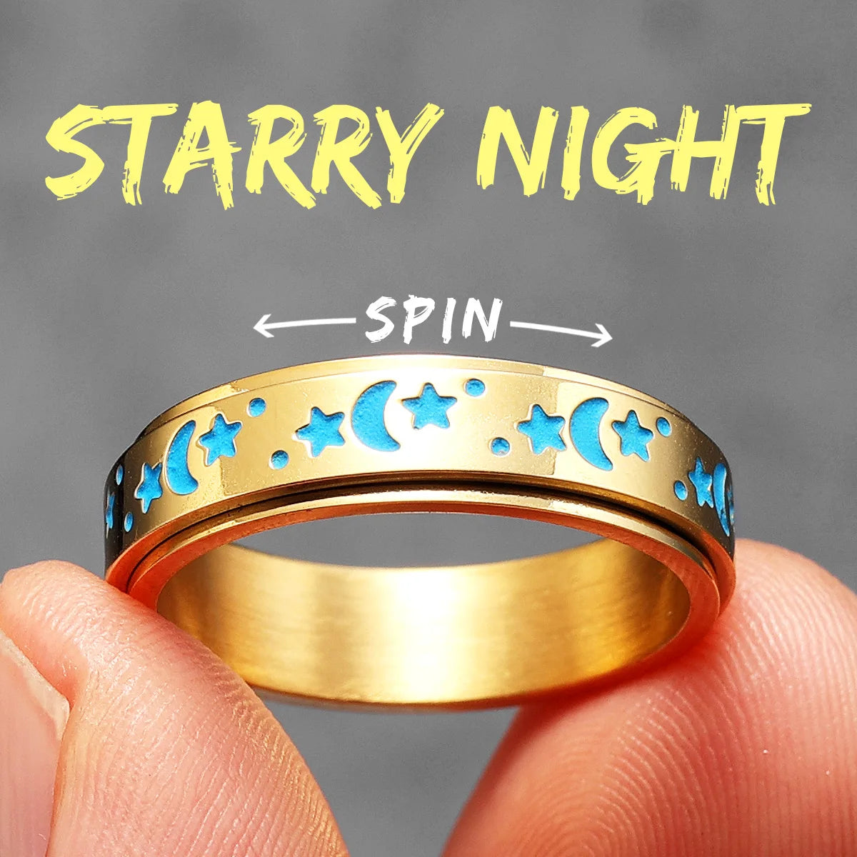 The Night Sky | 316L Stainless Steel Stars Moon Luminous Glowing Rotatable Rings