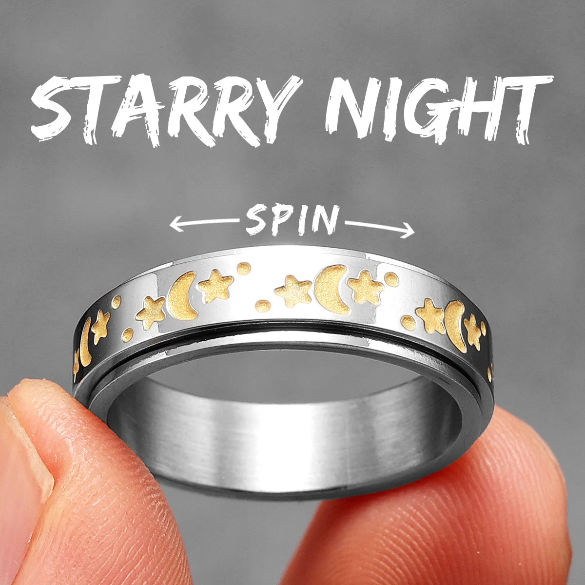 The Night Sky | 316L Stainless Steel Stars Moon Luminous Glowing Rotatable Rings