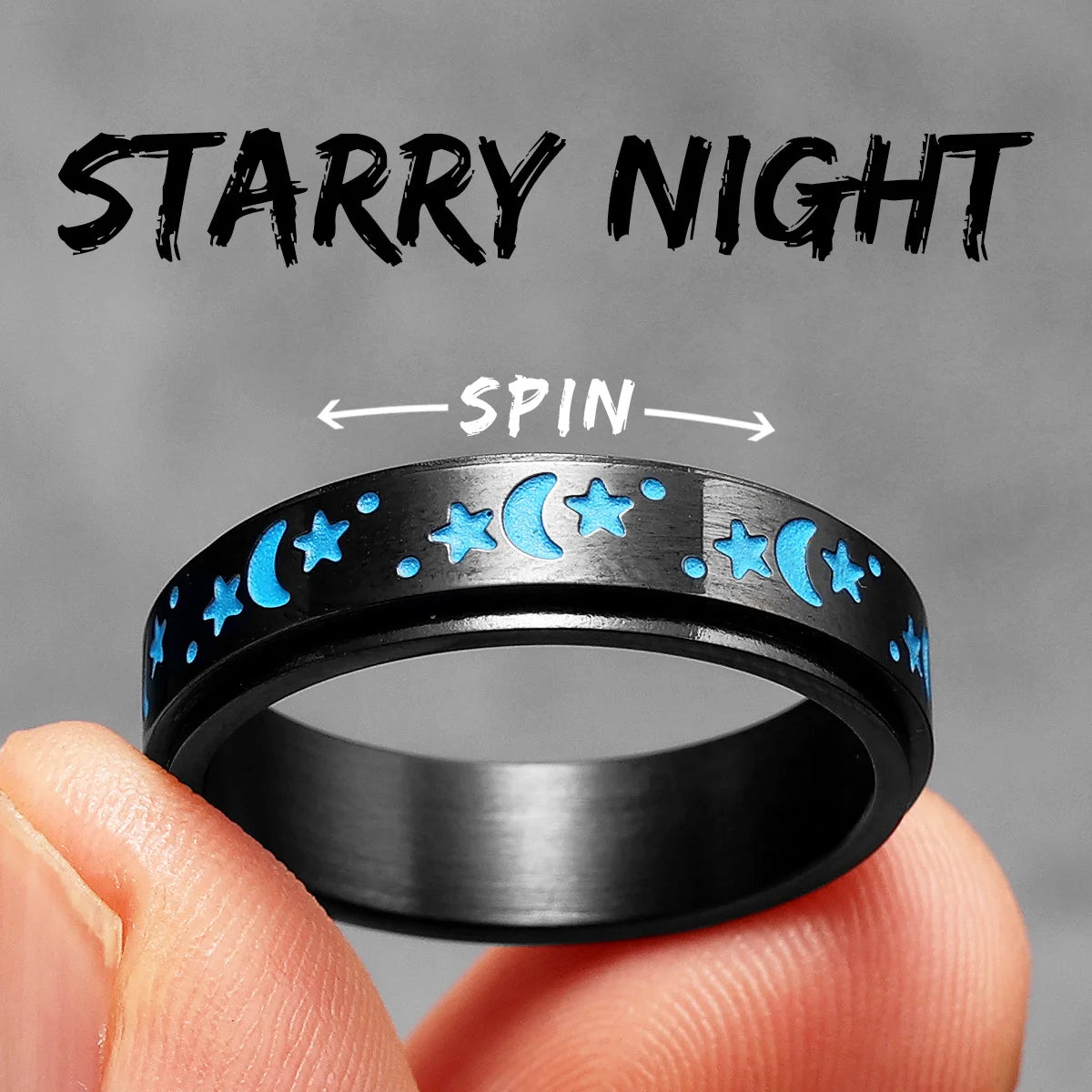 The Night Sky | 316L Stainless Steel Stars Moon Luminous Glowing Rotatable Rings