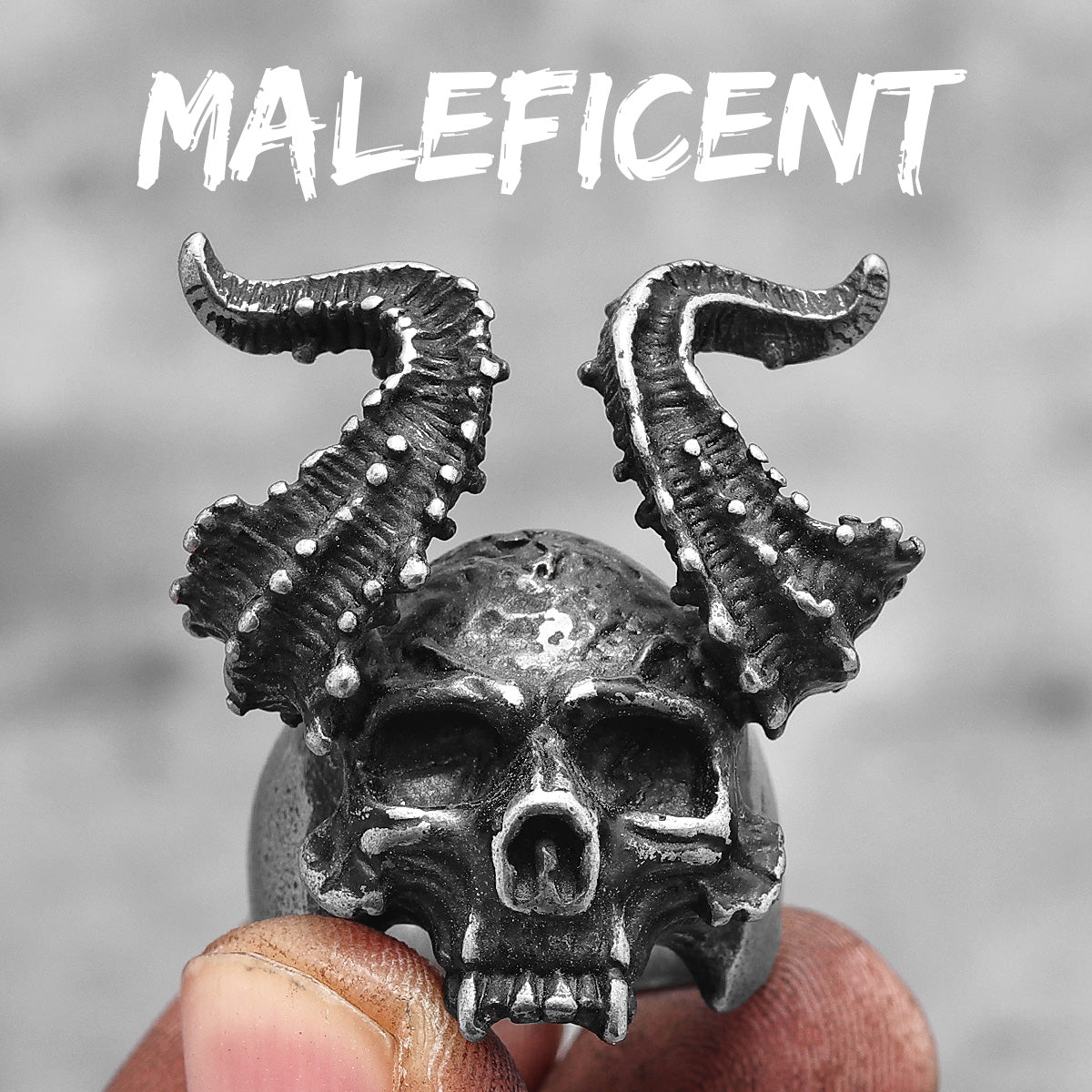 Vintage Black Maleficent 316L Stainless Steel Evil Skull Horn Men's Ring