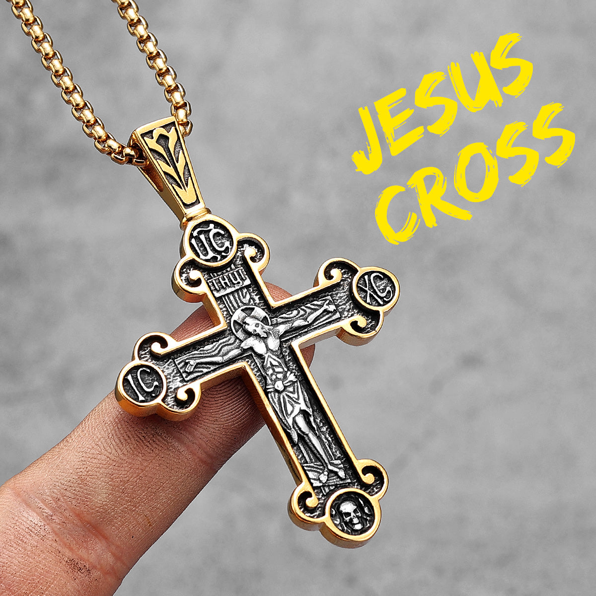 Jesus Cross | 14k Gold over 316L Stainless Steel Religion Amulet Pendant Chain Necklace