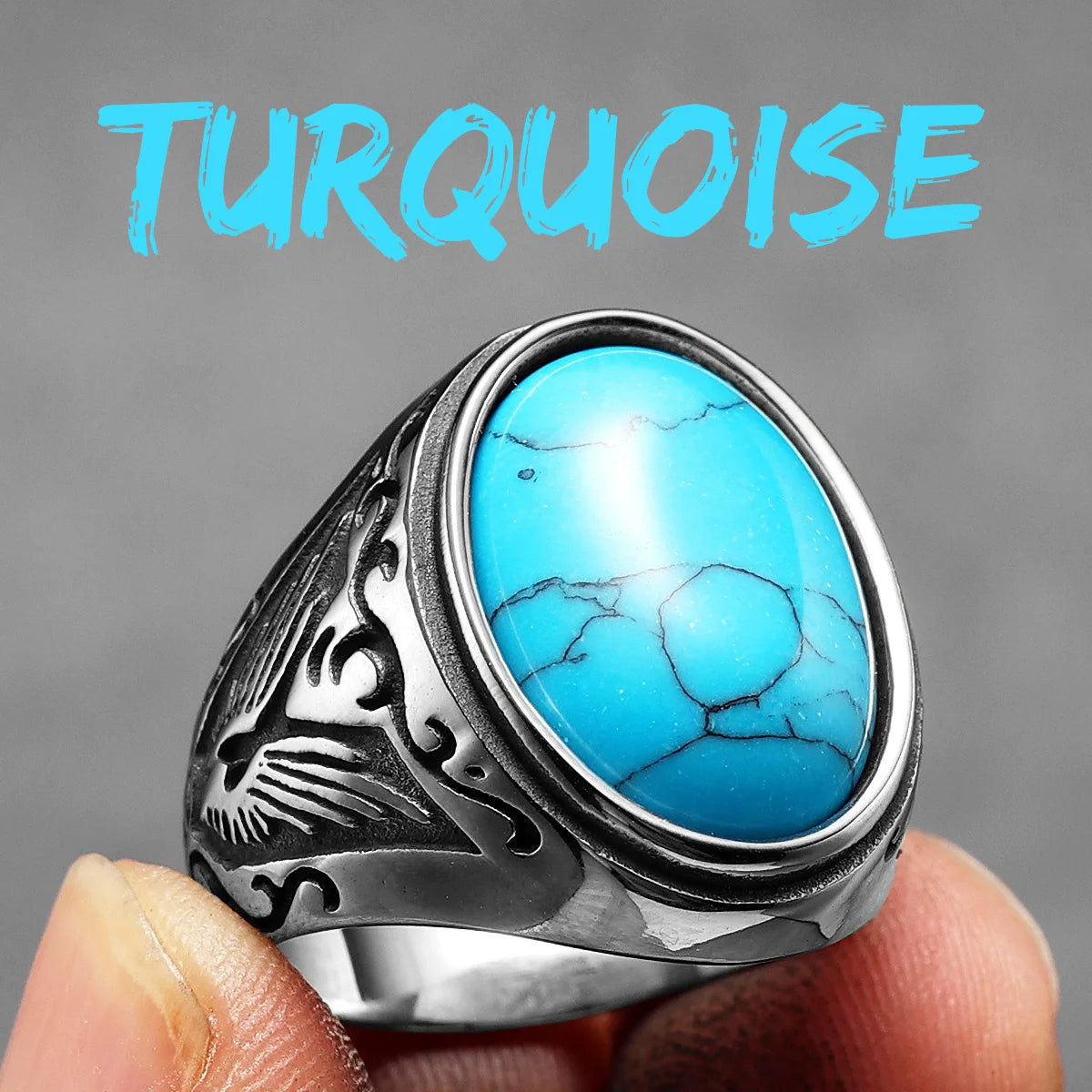 Luxury Turquoise | 316L Carved Men's Stainless Steel Street Wear Stylish Rings