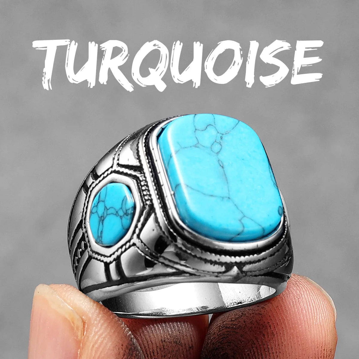 Luxury Turquoise | 316L Carved Men's Stainless Steel Street Wear Stylish Rings